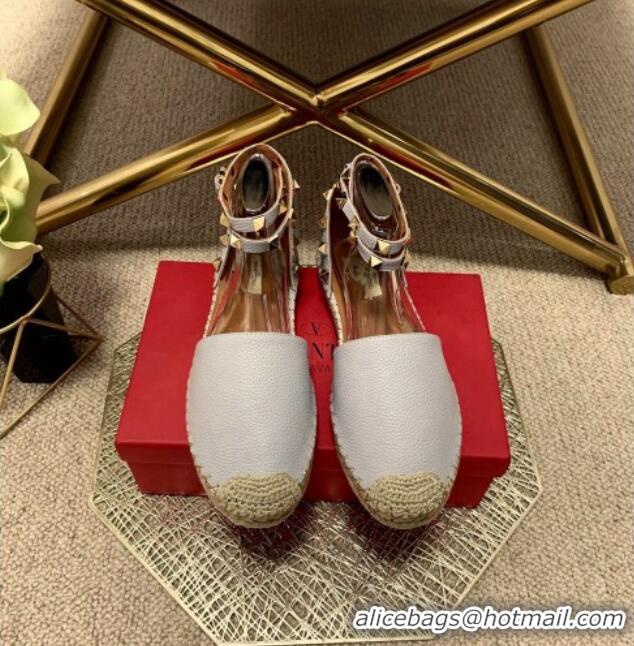 Pretty Style Valentino Grainy Calfskin Rockstud Double Flat Espadrillas 070897 Light Grey