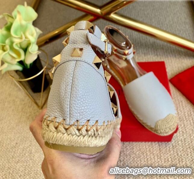 Pretty Style Valentino Grainy Calfskin Rockstud Double Flat Espadrillas 070897 Light Grey