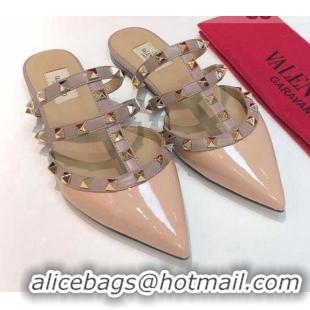 Good Looking Valentino Rockstud Patent Leather Flat Mules 071326 Nude 2021