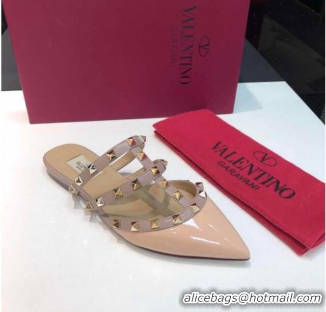 Good Looking Valentino Rockstud Patent Leather Flat Mules 071326 Nude 2021