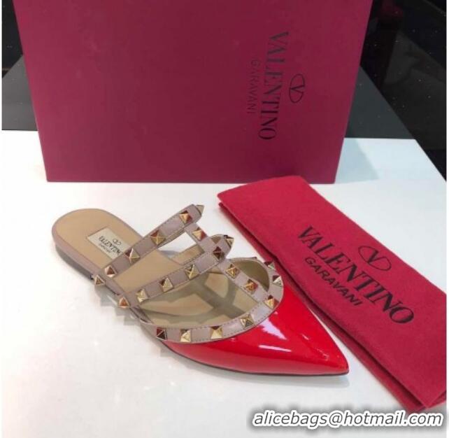 Best Product Valentino Rockstud Patent Leather Flat Mules 071326 Red 2021