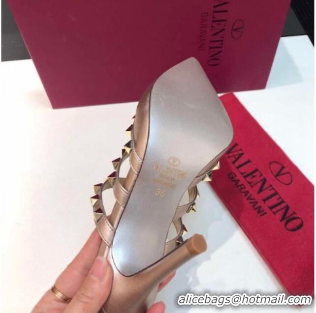 Top Grade Valentino Rockstud Lambskin Heeled Mules 9.5cm 071330 Rose Gold 2021