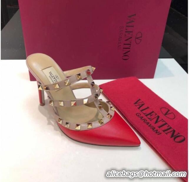 Sophisticated Valentino Rockstud Lambskin Heeled Mules 9.5cm 071330 Red