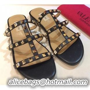 Stylish Valentino Rockstud Triple Leather Flat Slide Sandals 071335 Black 2021