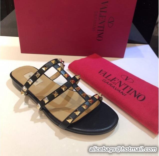 Stylish Valentino Rockstud Triple Leather Flat Slide Sandals 071335 Black 2021