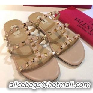 Good Quality Valentino Rockstud Triple Leather Flat Slide Sandals 071335 Nude 2021