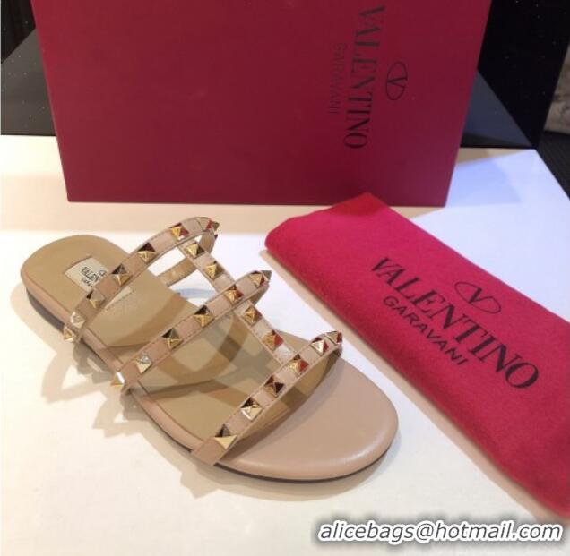 Good Quality Valentino Rockstud Triple Leather Flat Slide Sandals 071335 Nude 2021