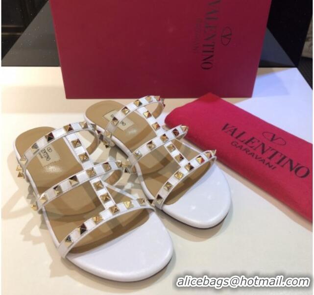 Grade Quality Valentino Rockstud Triple Leather Flat Slide Sandals 071335 White 2021