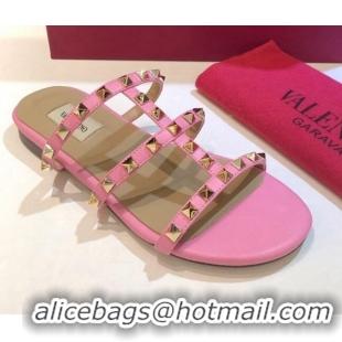 Super Quality Valentino Rockstud Triple Leather Flat Slide Sandals 071338 Pink 2021