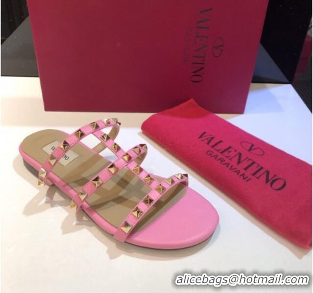 Super Quality Valentino Rockstud Triple Leather Flat Slide Sandals 071338 Pink 2021