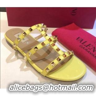 Best Luxury Valentino Rockstud Triple Leather Flat Slide Sandals 071338 Yellow 2021