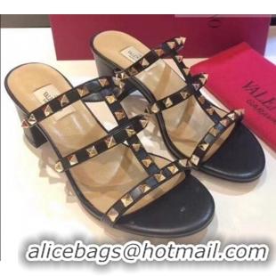 Top Quality Valentino Rockstud Triple Leather Heeled Slide Sandals 6.5cm 071340 Black 2021