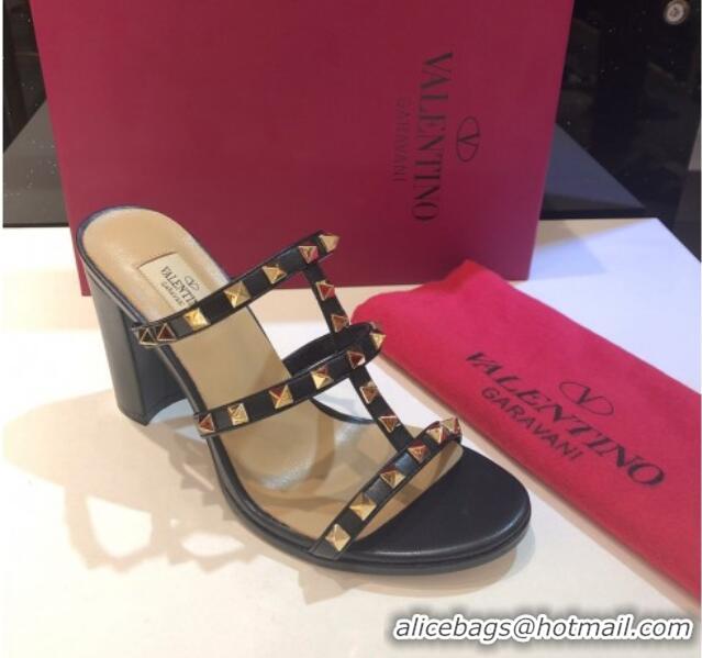 Top Quality Valentino Rockstud Triple Leather Heeled Slide Sandals 6.5cm 071340 Black 2021