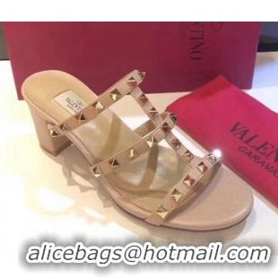 Good Quality Valentino Rockstud Triple Leather Heeled Slide Sandals 6.5cm 071340 Nude 2021