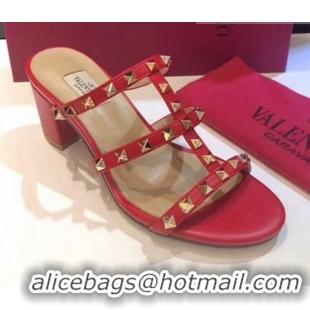 New Style Valentino Rockstud Triple Leather Heeled Slide Sandals 6.5cm 071340 Red 2021