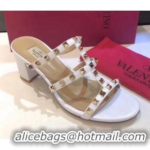 Top Quality Valentino Rockstud Triple Leather Heeled Slide Sandals 6.5cm 071340 White 2021