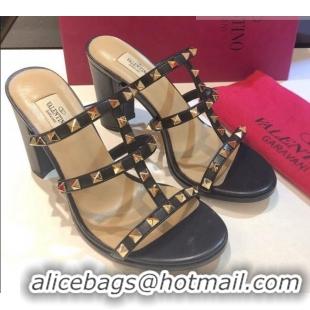 Good Product Valentino Rockstud Triple Leather Heeled Slide Sandals 9.5cm 071344 Black 2021