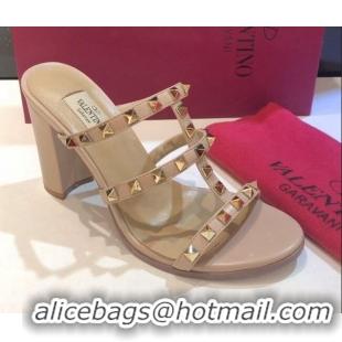 Unique Grade Valentino Rockstud Triple Leather Heeled Slide Sandals 9.5cm 071344 Nude 2021