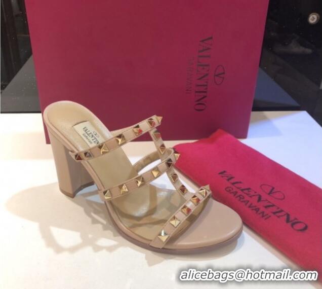 Unique Grade Valentino Rockstud Triple Leather Heeled Slide Sandals 9.5cm 071344 Nude 2021