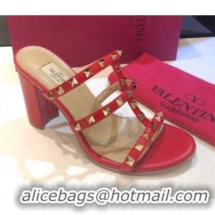 Fashion Valentino Rockstud Triple Leather Heeled Slide Sandals 9.5cm 071344 Red 2021