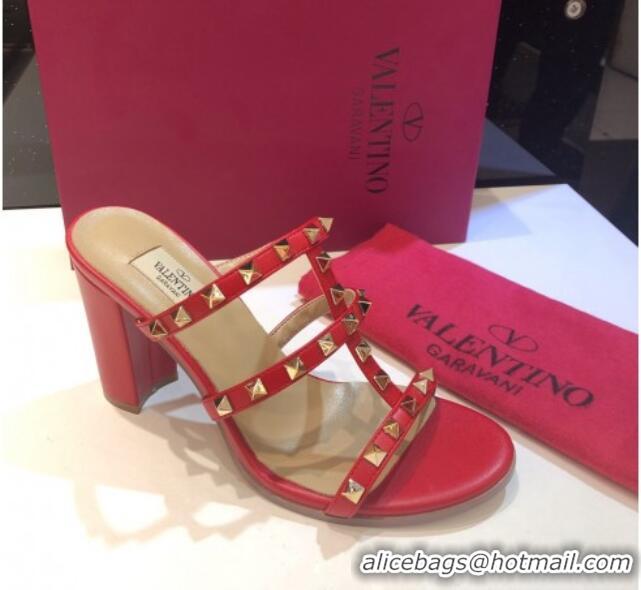 Fashion Valentino Rockstud Triple Leather Heeled Slide Sandals 9.5cm 071344 Red 2021