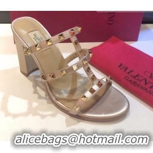 Perfect Valentino Rockstud Triple Leather Heeled Slide Sandals 9.5cm 071344 Dusty Pink 2021