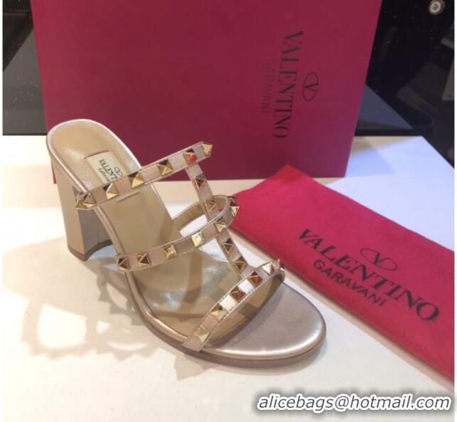 Perfect Valentino Rockstud Triple Leather Heeled Slide Sandals 9.5cm 071344 Dusty Pink 2021