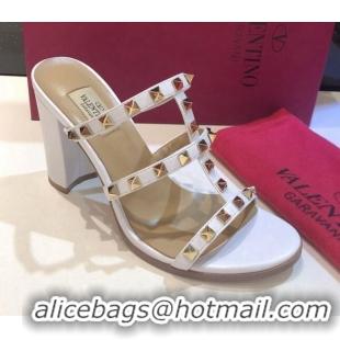 Most Popular Valentino Rockstud Triple Leather Heeled Slide Sandals 9.5cm 071344 White