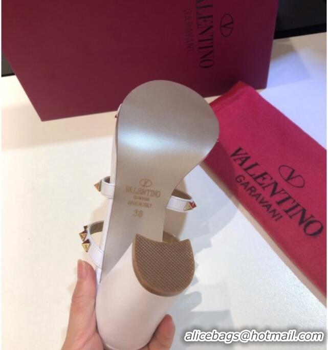 Most Popular Valentino Rockstud Triple Leather Heeled Slide Sandals 9.5cm 071344 White