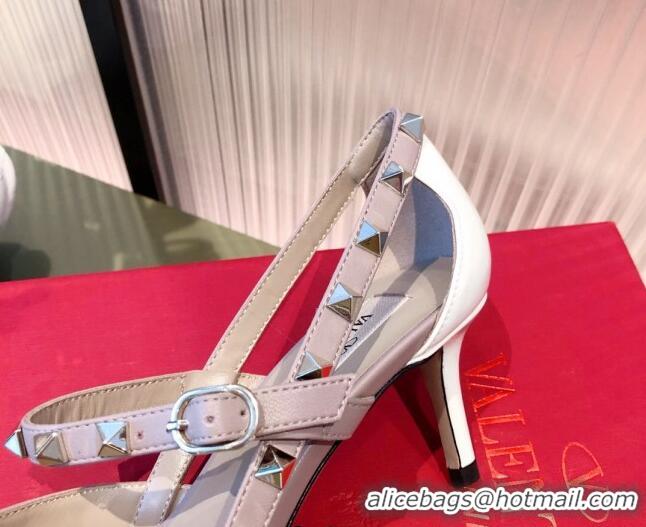 Cute Valentino Rockstud Front Strap Patent Leather Pumps 6.5cm 071369 White 2021