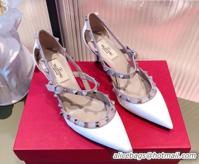 Cute Valentino Rockstud Front Strap Patent Leather Pumps 6.5cm 071369 White 2021