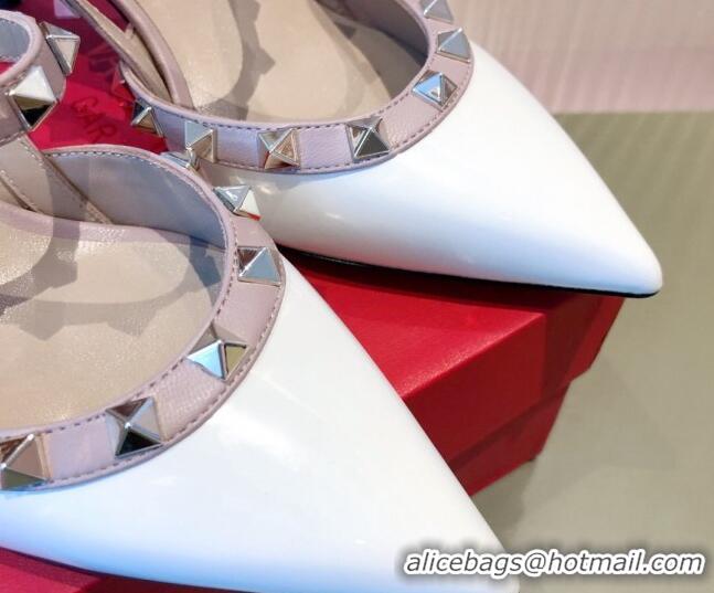 Cute Valentino Rockstud Front Strap Patent Leather Pumps 6.5cm 071369 White 2021