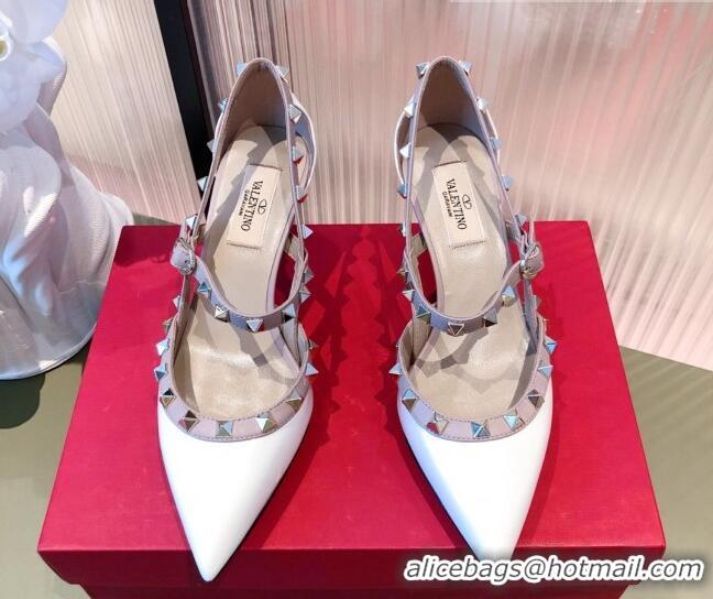 Cute Valentino Rockstud Front Strap Patent Leather Pumps 6.5cm 071369 White 2021