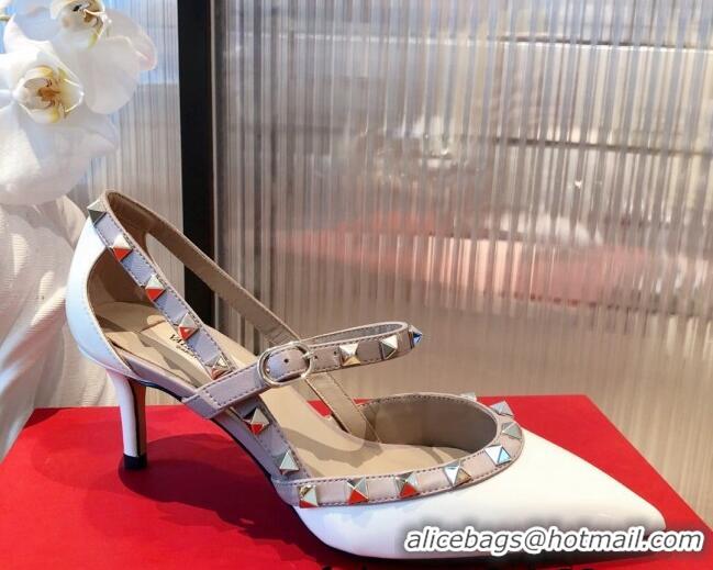 Cute Valentino Rockstud Front Strap Patent Leather Pumps 6.5cm 071369 White 2021