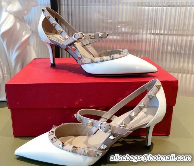 Cute Valentino Rockstud Front Strap Patent Leather Pumps 6.5cm 071369 White 2021