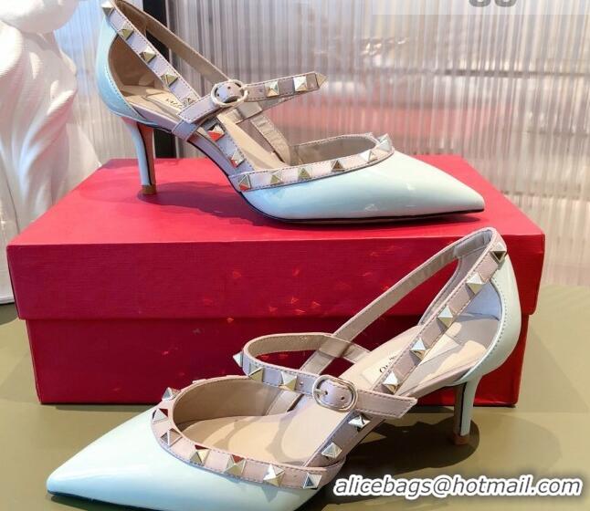 Top Quality Valentino Rockstud Front Strap Patent Leather Pumps 6.5cm 071370 Light Blue 2021