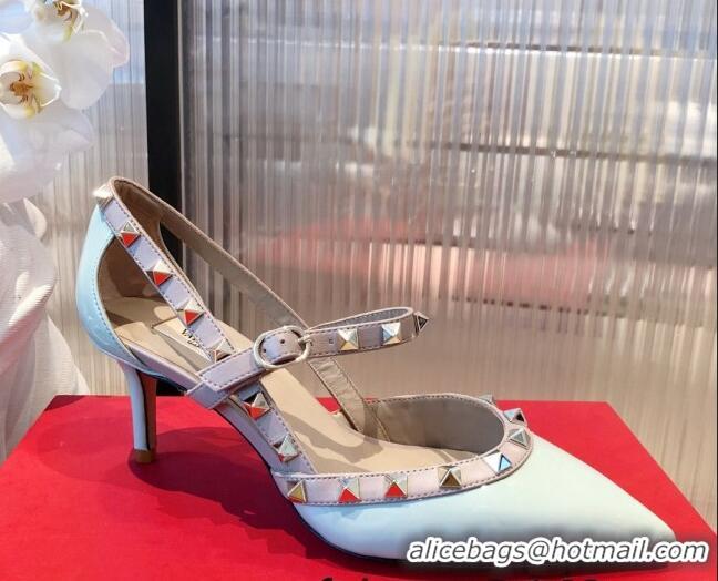 Top Quality Valentino Rockstud Front Strap Patent Leather Pumps 6.5cm 071370 Light Blue 2021