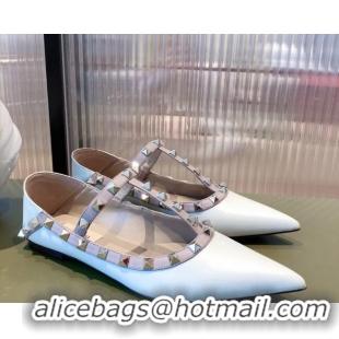 Unique Discount Valentino Rockstud Matte Leather Ballet Flat Dusty 071376 White 2021