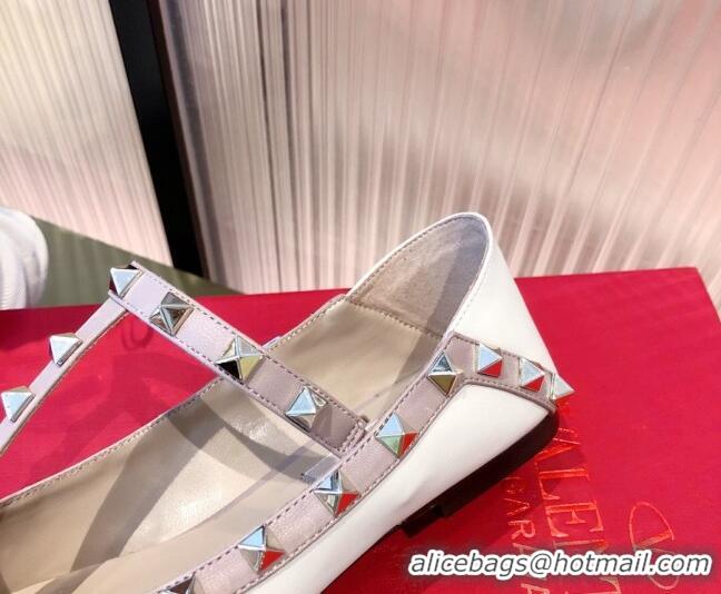 Unique Discount Valentino Rockstud Matte Leather Ballet Flat Dusty 071376 White 2021