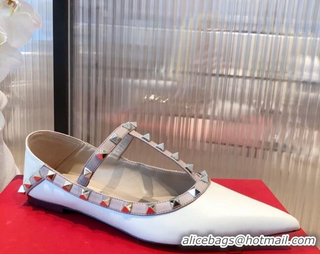 Unique Discount Valentino Rockstud Matte Leather Ballet Flat Dusty 071376 White 2021