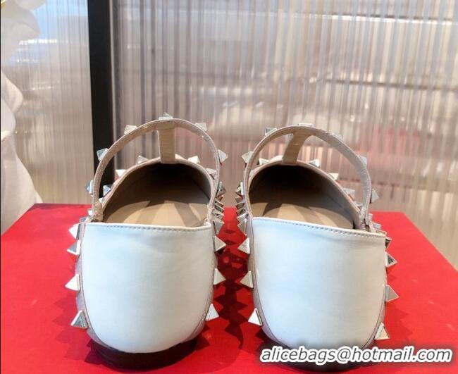 Unique Discount Valentino Rockstud Matte Leather Ballet Flat Dusty 071376 White 2021