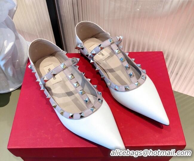 Unique Discount Valentino Rockstud Matte Leather Ballet Flat Dusty 071376 White 2021