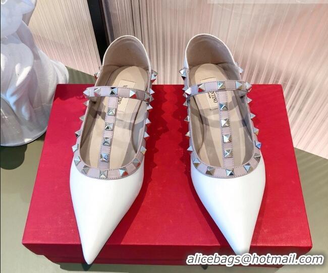 Unique Discount Valentino Rockstud Matte Leather Ballet Flat Dusty 071376 White 2021