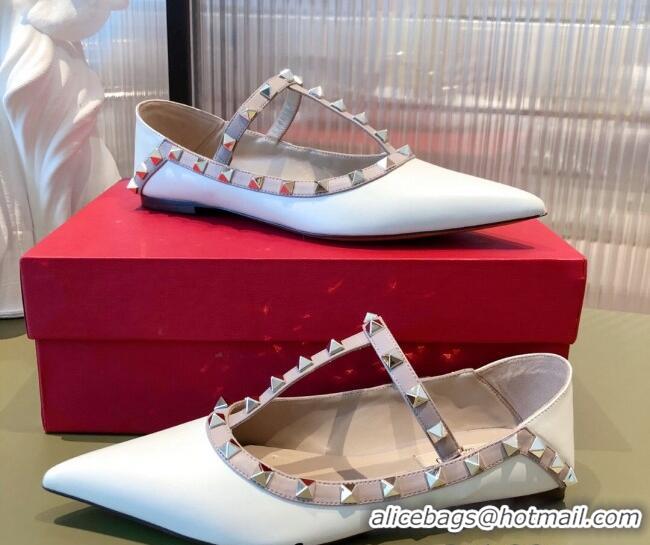 Unique Discount Valentino Rockstud Matte Leather Ballet Flat Dusty 071376 White 2021