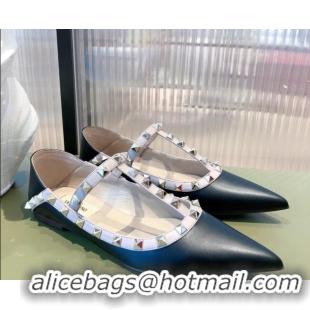 Discount Valentino Rockstud Matte Leather Ballet Flat Dusty 071376 Black 2021