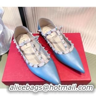  Famous Valentino Rockstud Matte Leather Ballet Flat 071379 Blue 2021