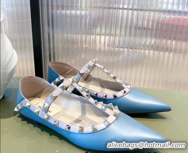  Famous Valentino Rockstud Matte Leather Ballet Flat 071379 Blue 2021