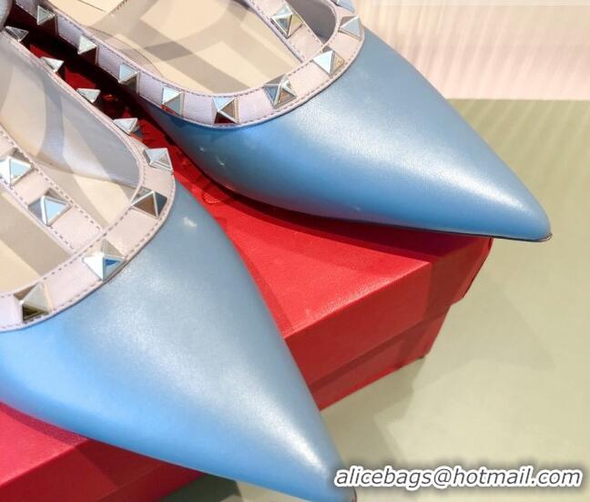  Famous Valentino Rockstud Matte Leather Ballet Flat 071379 Blue 2021