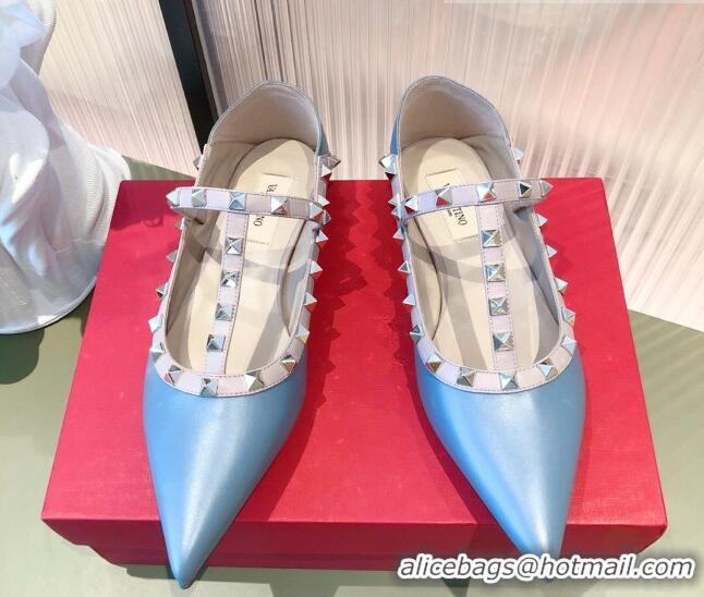  Famous Valentino Rockstud Matte Leather Ballet Flat 071379 Blue 2021