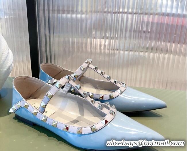  Famous Valentino Rockstud Matte Leather Ballet Flat 071379 Blue 2021